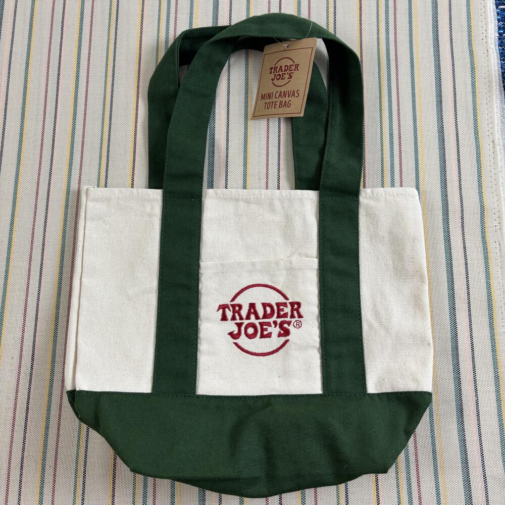 Trader Joe's Mini Canvas Tote Bag Green Colorblock Handles Logo Reusable NEW